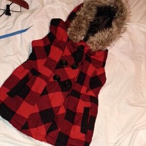 Red and Black Plaid Hooded Vest with Faux Fur Trim
